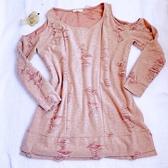 easel Tops - Easel Distressed Dusty Rose Cold Shoulder Tunic Sm